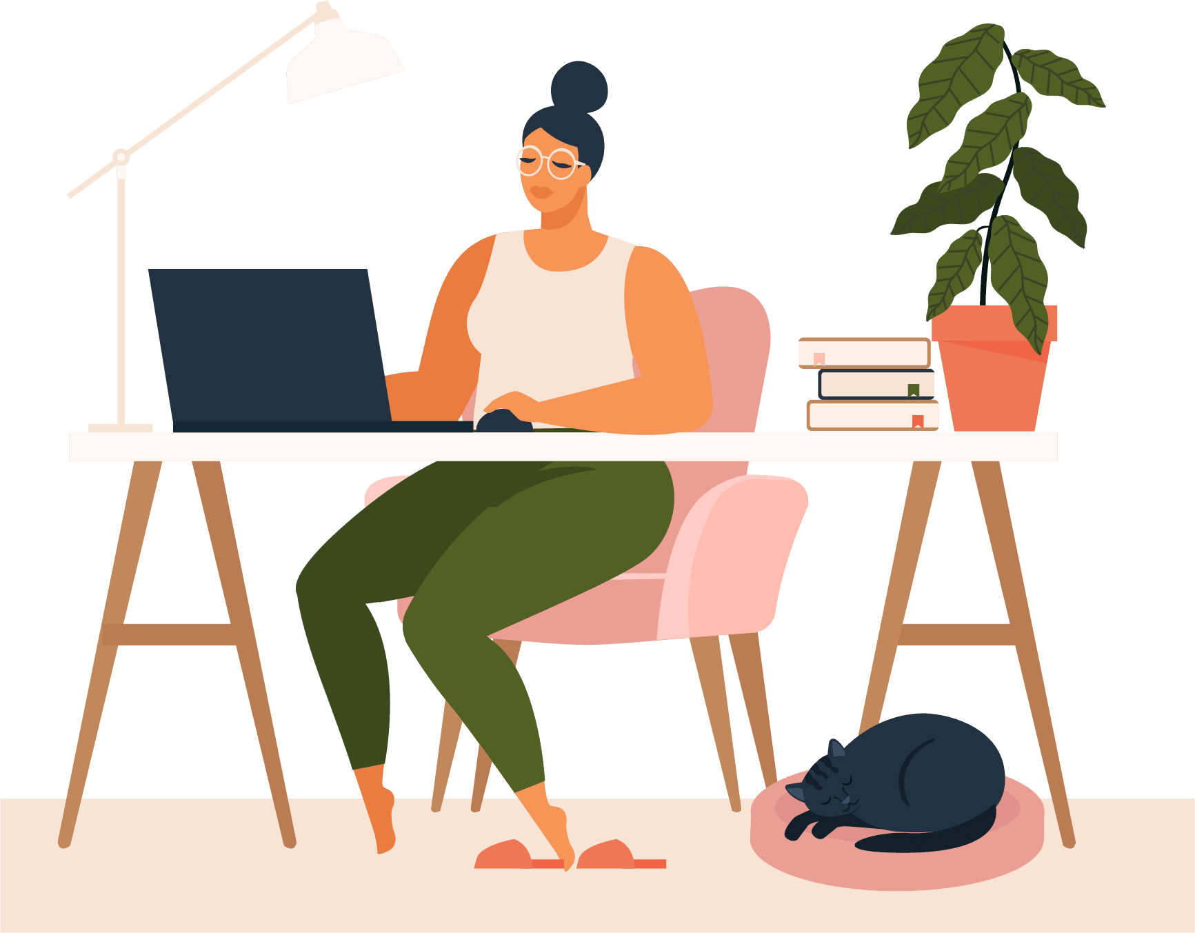 Graphic of a lady sitting at a computer desk with a cat at her feet.