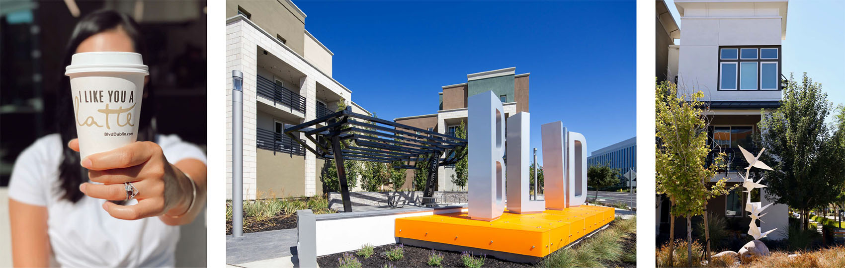 A young woman holds a latte | Boulevard monument sign | Exterior of a new home at Boulevard