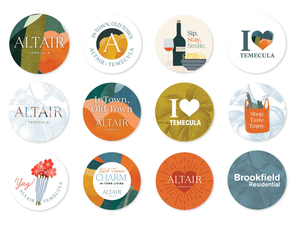 a collage of Altair at Temecula graphics made to look like buttons